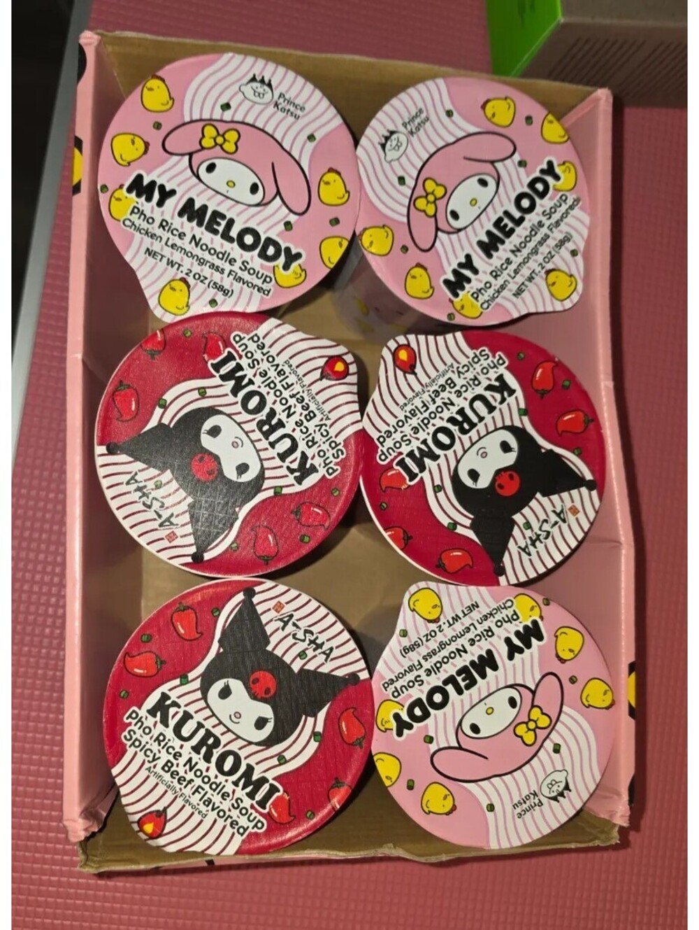 SANRIO MY MELODY KUROMI PHO RICE NOODLE SOUP CUPS 6 PACK DISPLAY TRAY ASSORTMENT